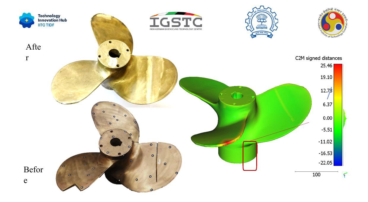 Before and after comparison of WAAM propeller repair with C2M deviation analysis